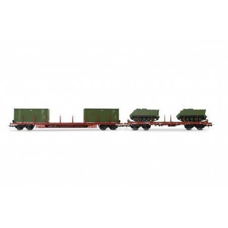 RIVAROSSI HR6612 SET 2 CARRI PIANALE A CARRELLI TIPO RGS+RGMMS, CON CARICO DI 2 CONTAINER + 2 VEICOLI MILITARI M113, EP. V